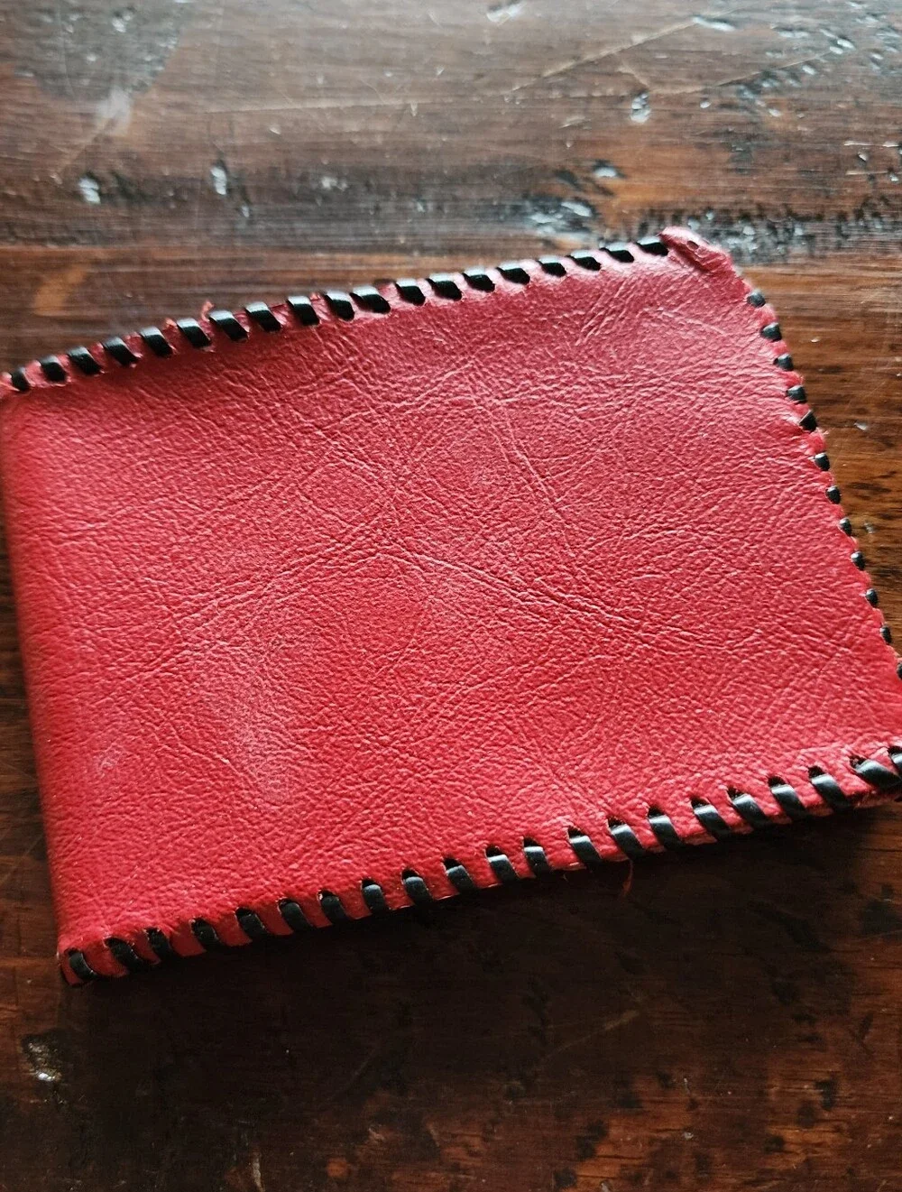 Vintage Hand Stitched Handmade Bright Red Leather Billfold Wallet Card Holder